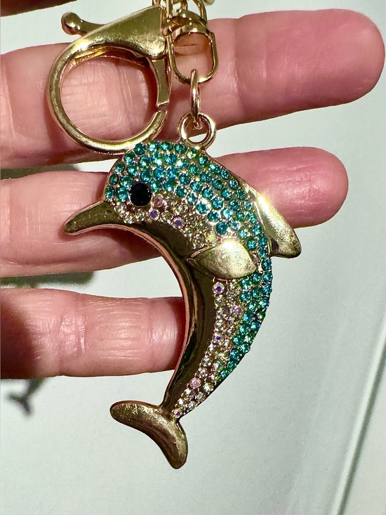 Handbags - Gold Dolphin Sparkling Bag Charm/Keychain with Teal and white Crystals  NEW